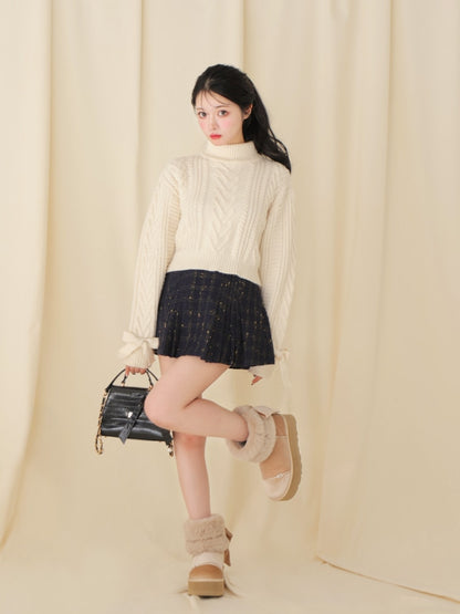 【SALE】Heart cable ribbon knit tops (eme10249)