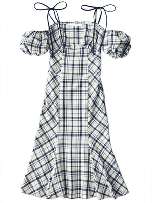 【SALE】2way check long mermaid dress (eme10514)