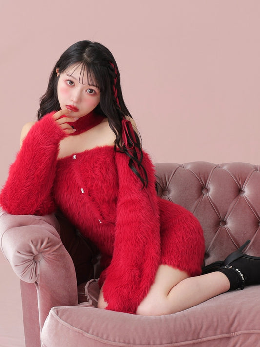 Back ribbon shaggy knit mini onepiece(eme10376)