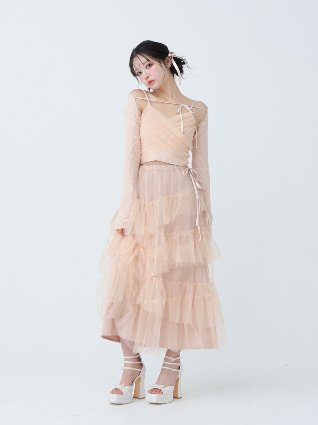 Side ribbon tulle long skirt(eme10468) – M me eme