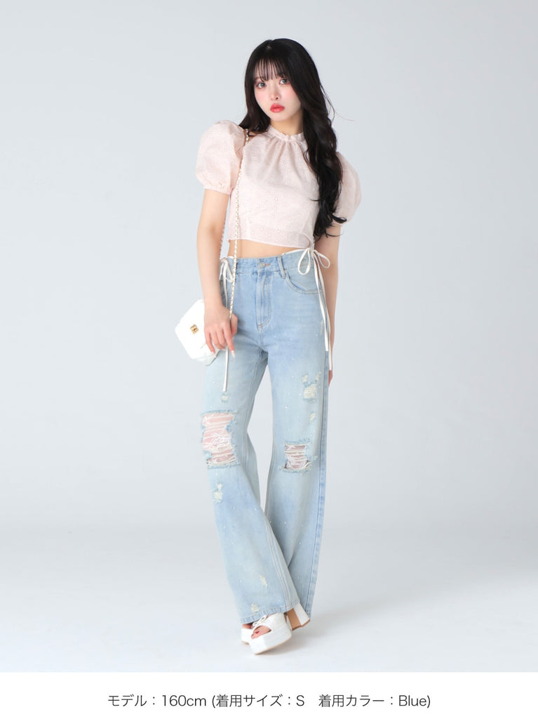 Side ribbon straight denim(eme10390)