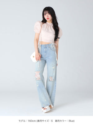 Side ribbon straight denim(eme10390)