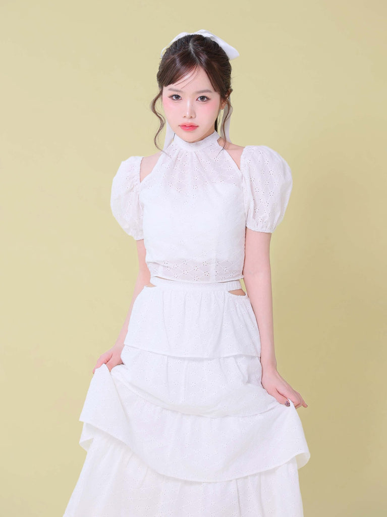 Cotton lace cut-out tops(eme10476)