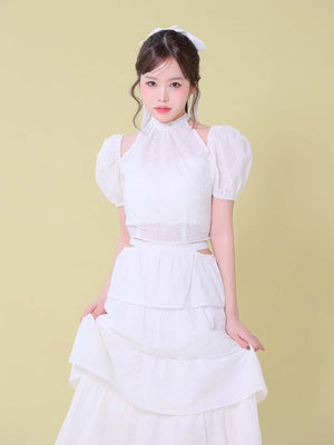 Cotton lace cut-out tops(eme10476)