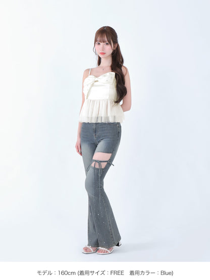 Ribbon bleach flare denim(eme10711)