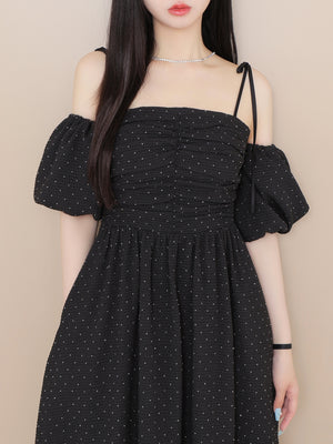 Puff sleeves studded long onepiece(eme10487)