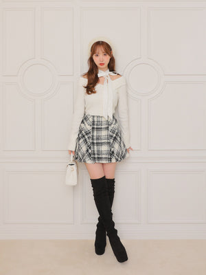 Decollete ribbon off shoulder knit tops(eme10371)