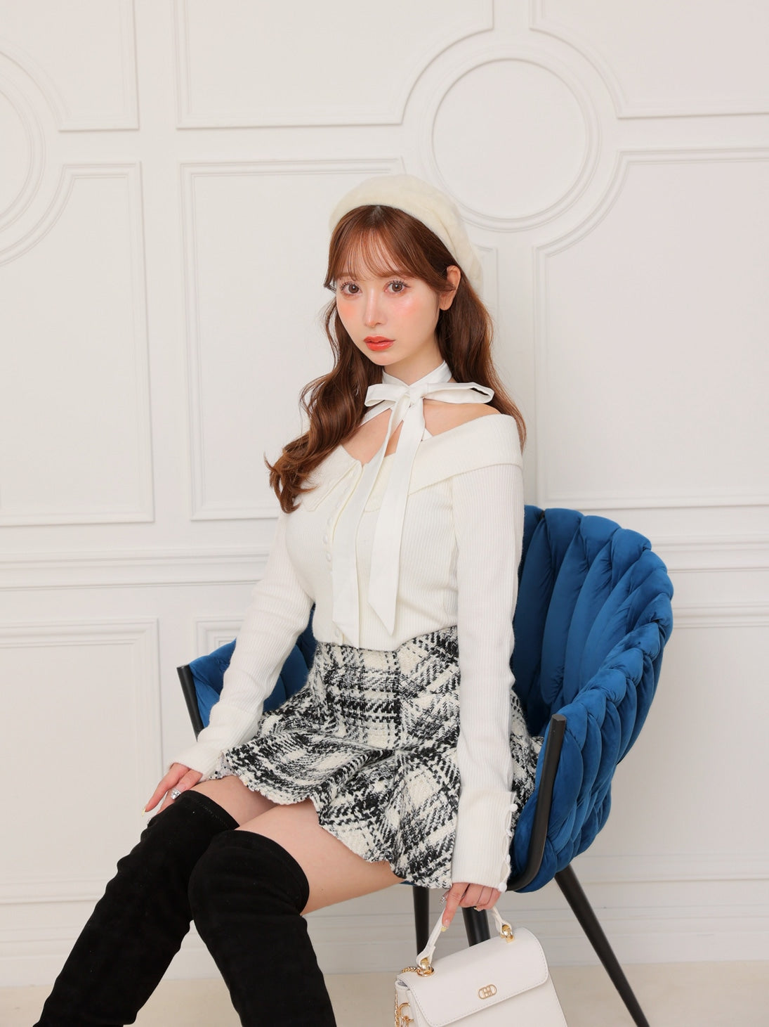 Roving check box pleated skirt(eme10726)