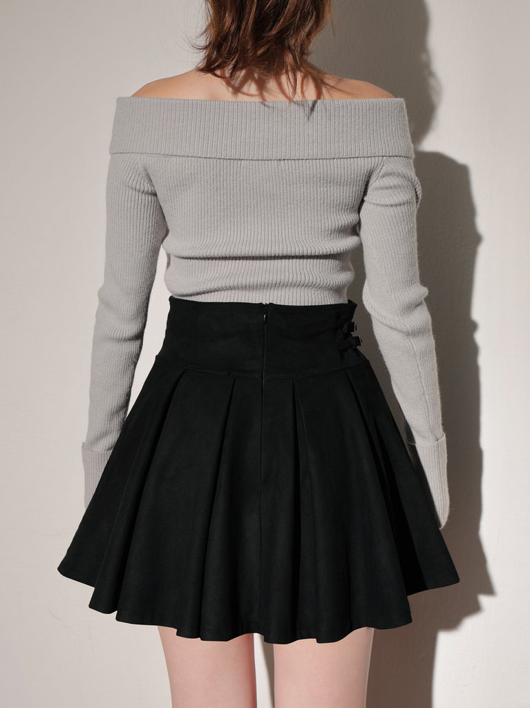 High waist belt pleated mini skirt(eme10758)