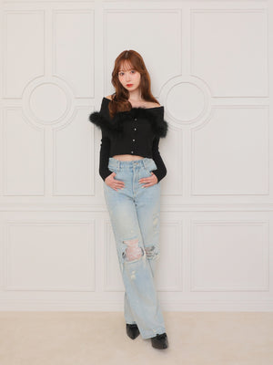 Off shoulder feather knit(eme10787)