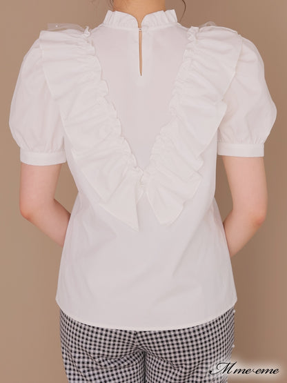 【SALE】Pearl ruffle bow tie blouse (eme10224)