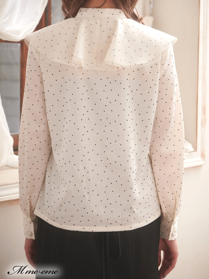 【SALE】Dot flocky ruffle ribbon blouse (eme10228)