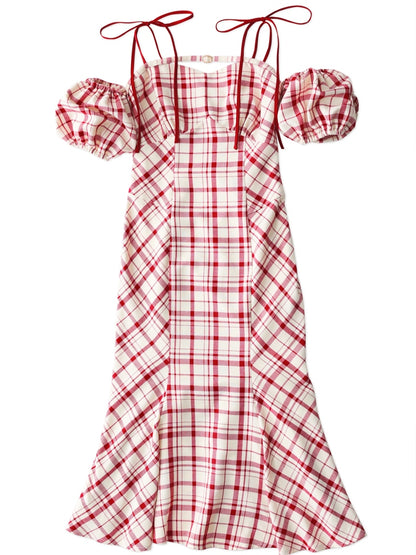 【SALE】2way check long mermaid dress (eme10514)