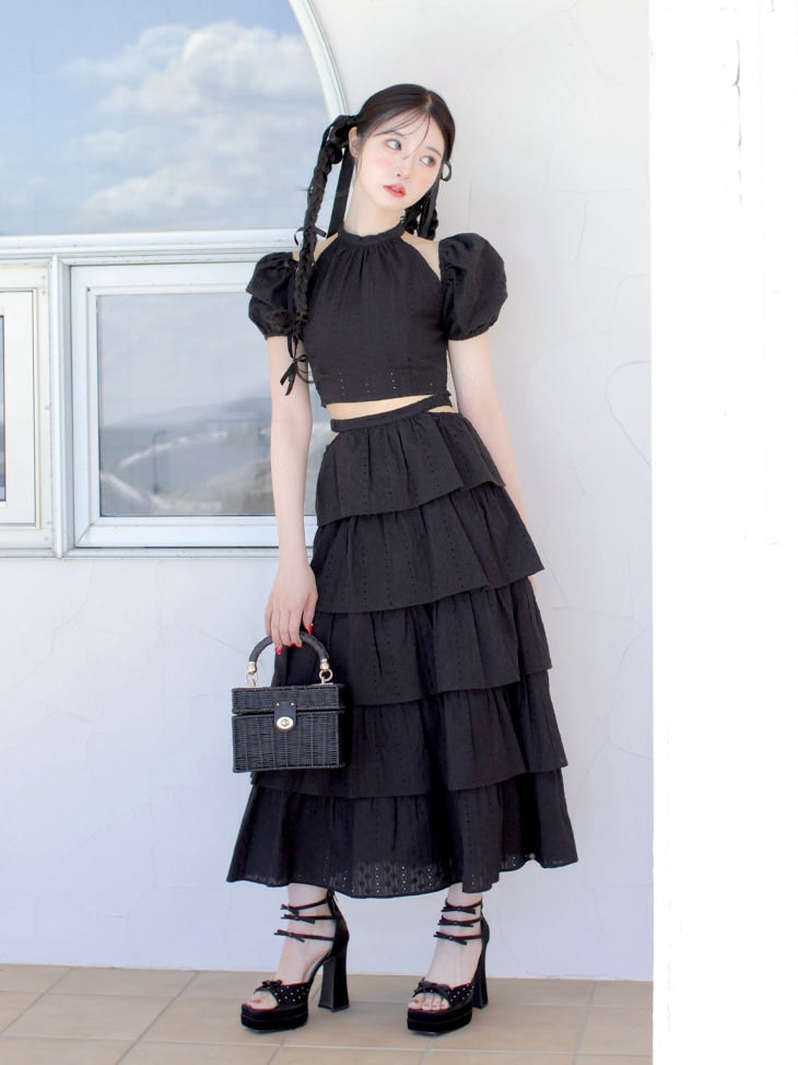 【SALE】Cotton lace tiered long skirt (eme10438)