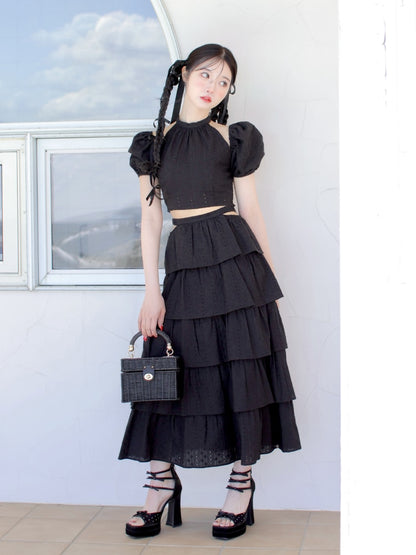 【SALE】Cotton lace tiered long skirt (eme10438)
