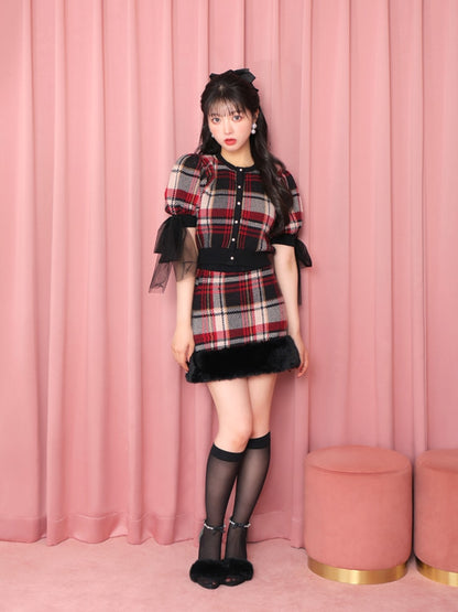 【SALE】Check knit fake fur skirt(eme10365)