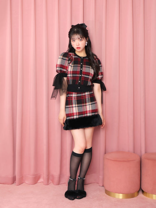 【SALE】Check knit fake fur skirt(eme10365)