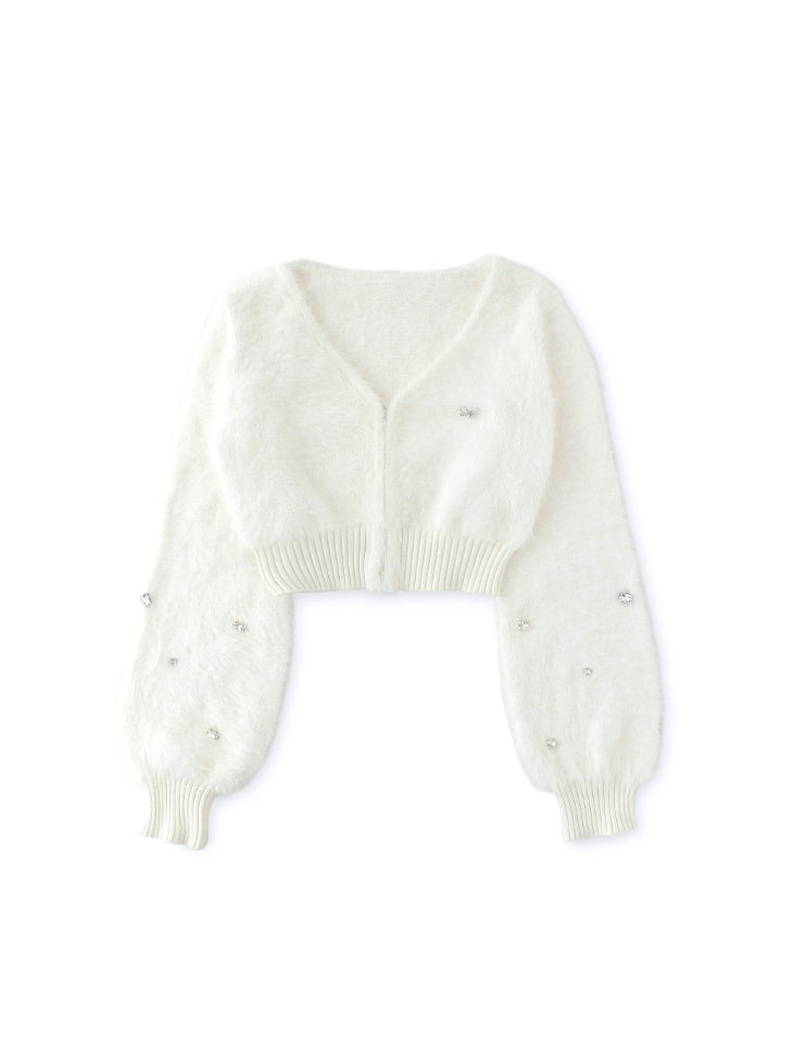 V neck shaggy knit cardigan(eme10360)