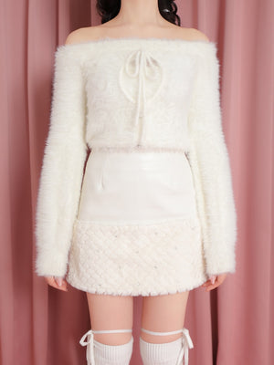 Ribbon off shoulder shaggy knit tops (eme10525)