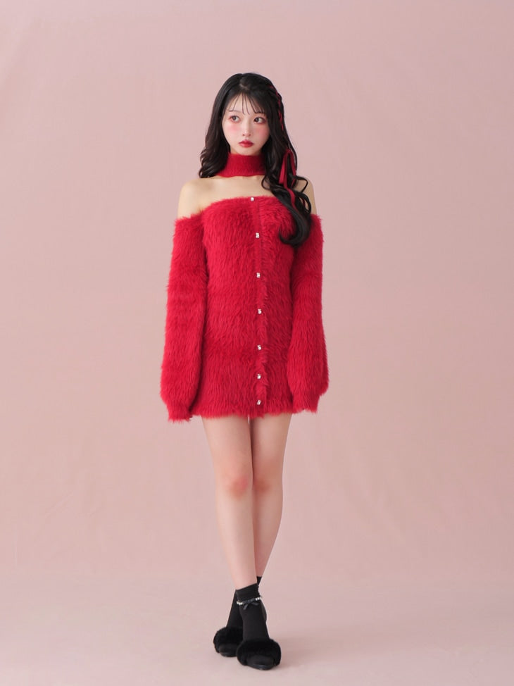 Back ribbon shaggy knit mini onepiece(eme10376)