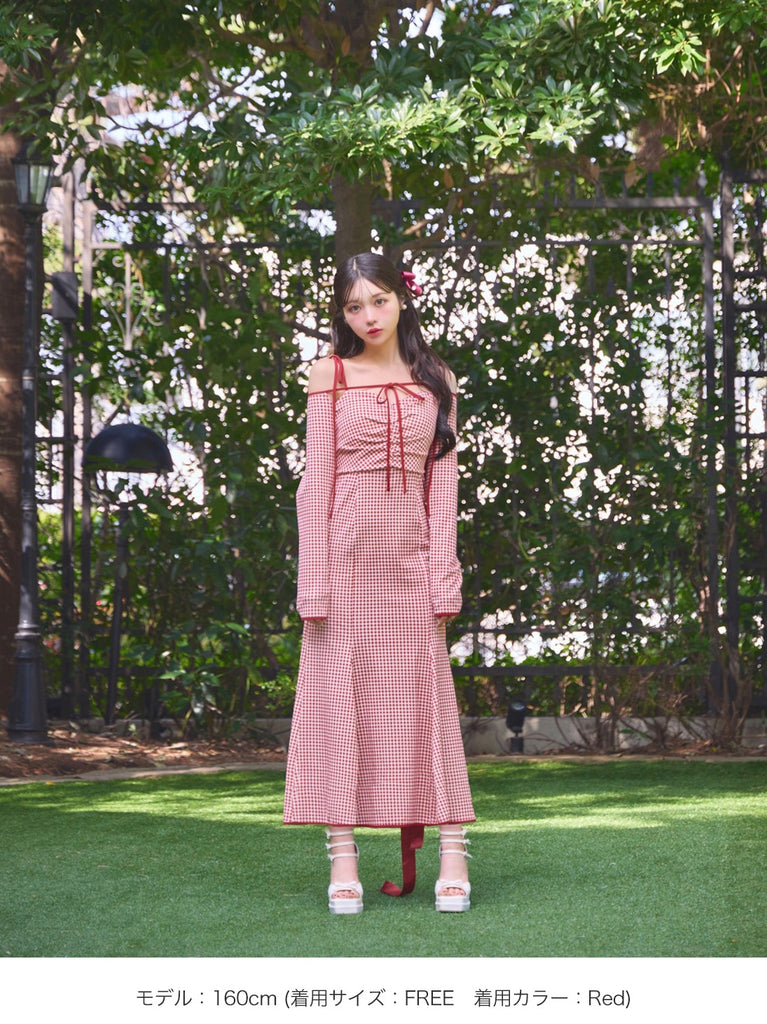 Gingham check ensemble long onepiece(eme10812)