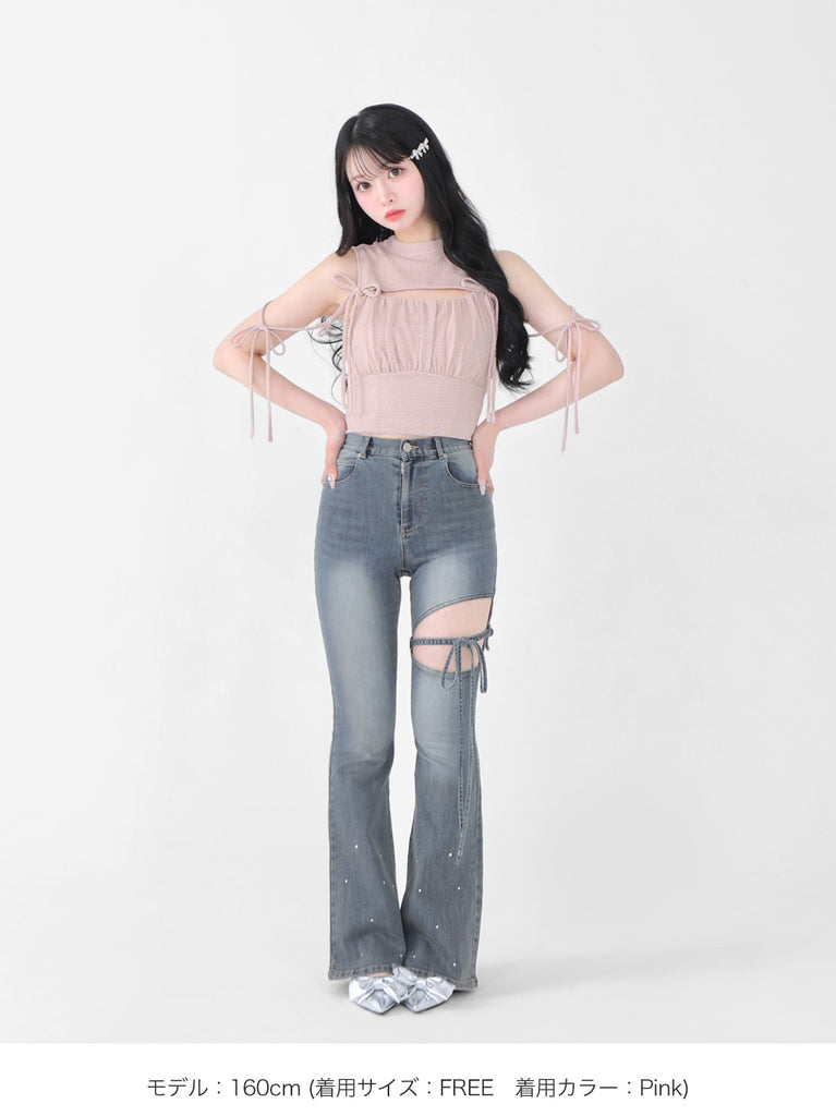 Cut out ribbon gather tops(eme10702)