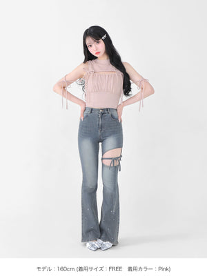 Cut out ribbon gather tops(eme10702)