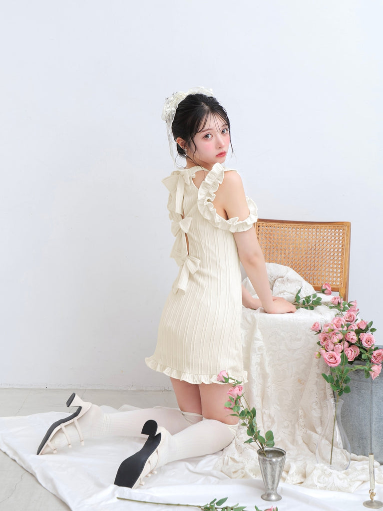 Back ribbon shirring mini onepiece(eme10705)