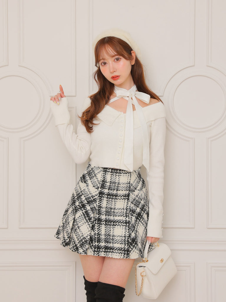 Decollete ribbon off shoulder knit tops(eme10371)