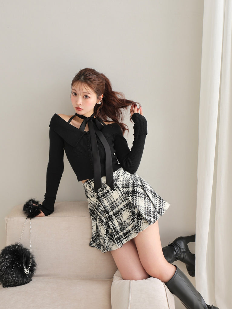 Roving check box pleated skirt(eme10726)