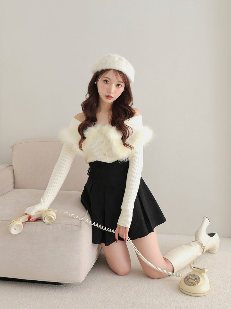 Off shoulder feather knit(eme10787)