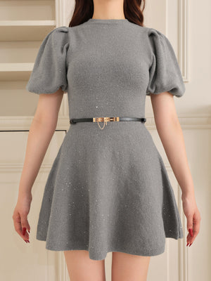 Sequin puff knit belt onepiece(eme10552)