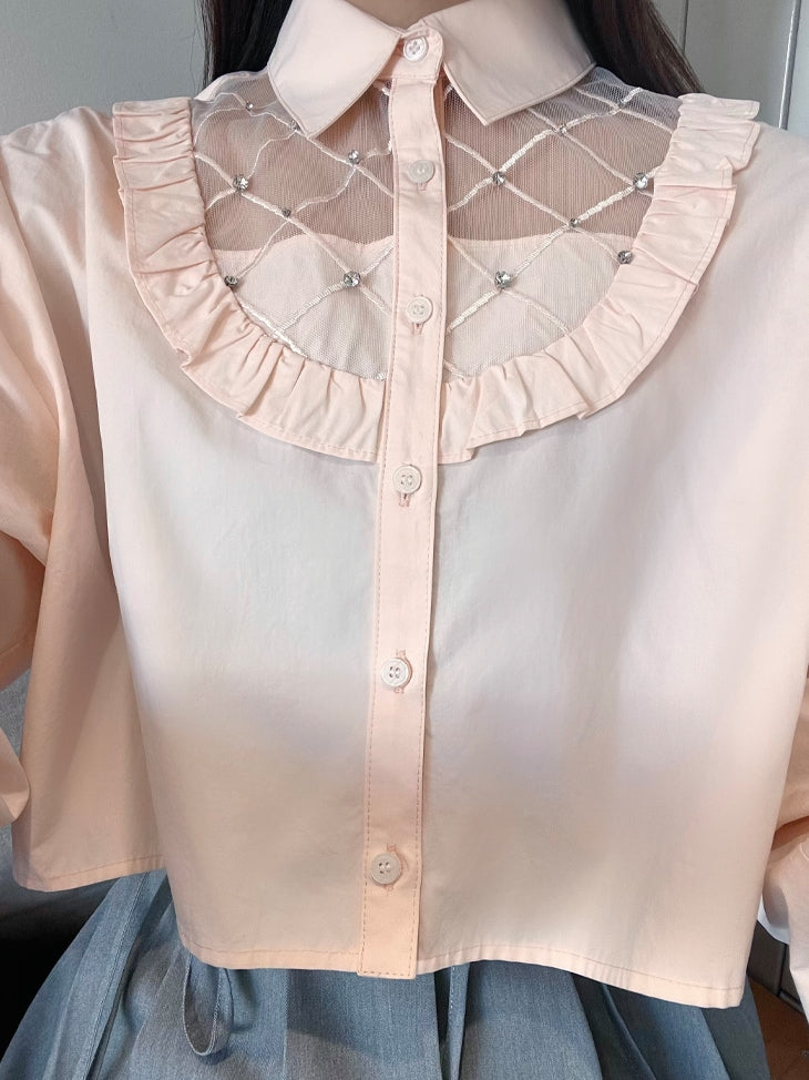 【SALE】Sheer bijou cropped shirt (eme10430)