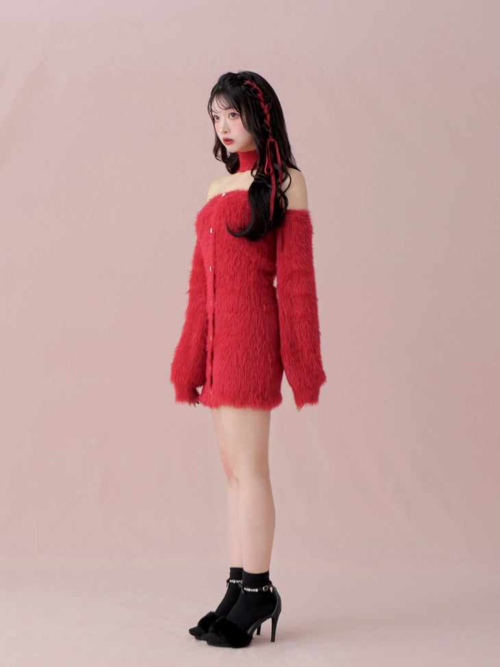 Back ribbon shaggy knit mini onepiece(eme10376)