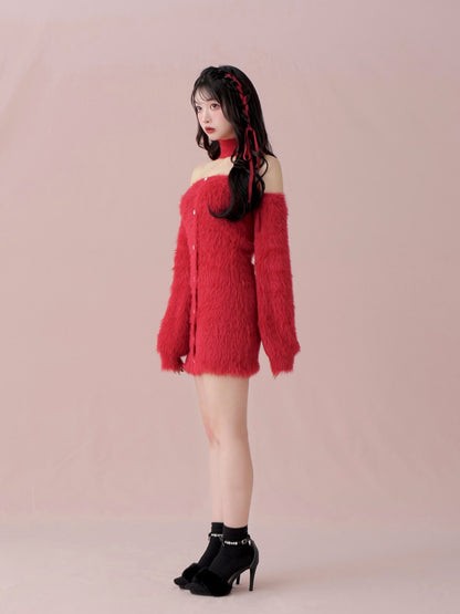 Back ribbon shaggy knit mini onepiece(eme10376)