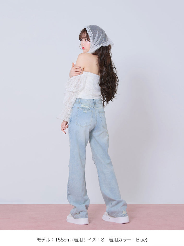 Side ribbon straight denim(eme10390)