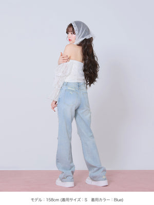 Side ribbon straight denim(eme10390)