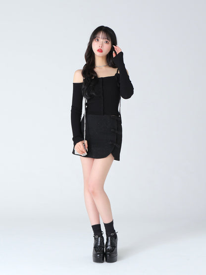 Off shoulder ribbon knit tops(eme10397)