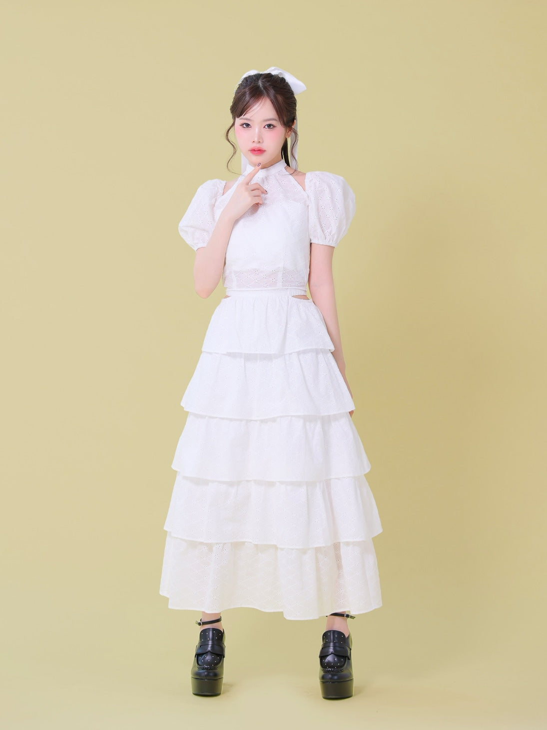 Cotton lace cut-out tops(eme10476)