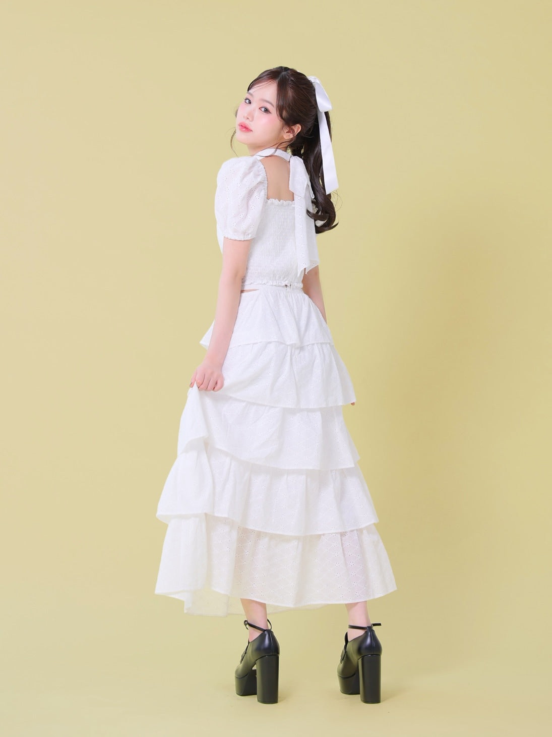 Cotton lace tiered long skirt(eme10477)