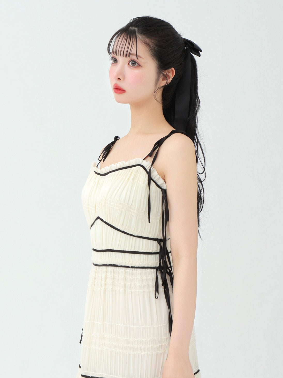 Side ribbon tiered chiffon long onepiece(eme10385)