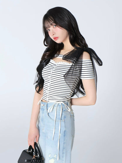 Decollete cut tulle ribbon tops(eme10398)