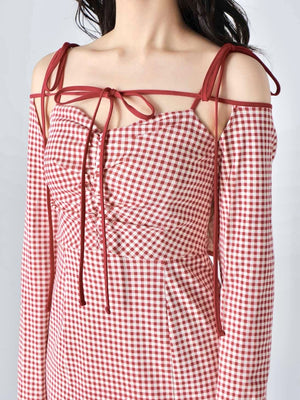 Gingham check ensemble long onepiece(eme10812)
