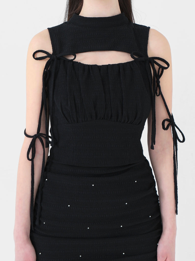 Cut out ribbon gather tops(eme10702)