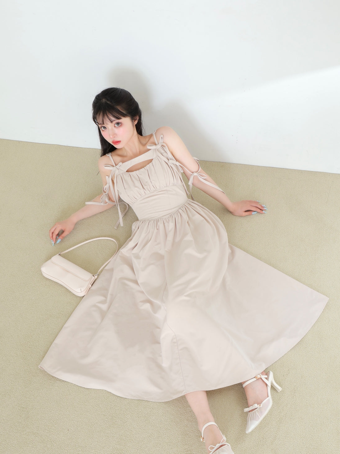 Ribbon gather flare long onepiece(eme10713)