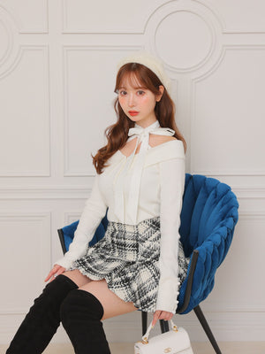 Decollete ribbon off shoulder knit tops(eme10371)