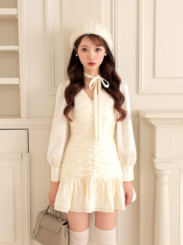 Gather ribbon blouse onepiece(eme10735)