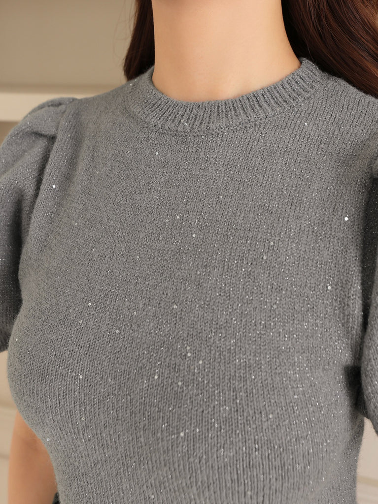 Sequin puff knit belt onepiece(eme10552)