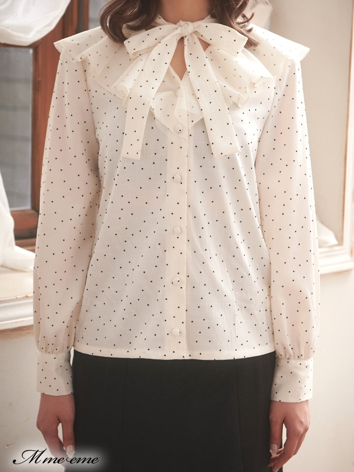 【SALE】Dot flocky ruffle ribbon blouse (eme10228)