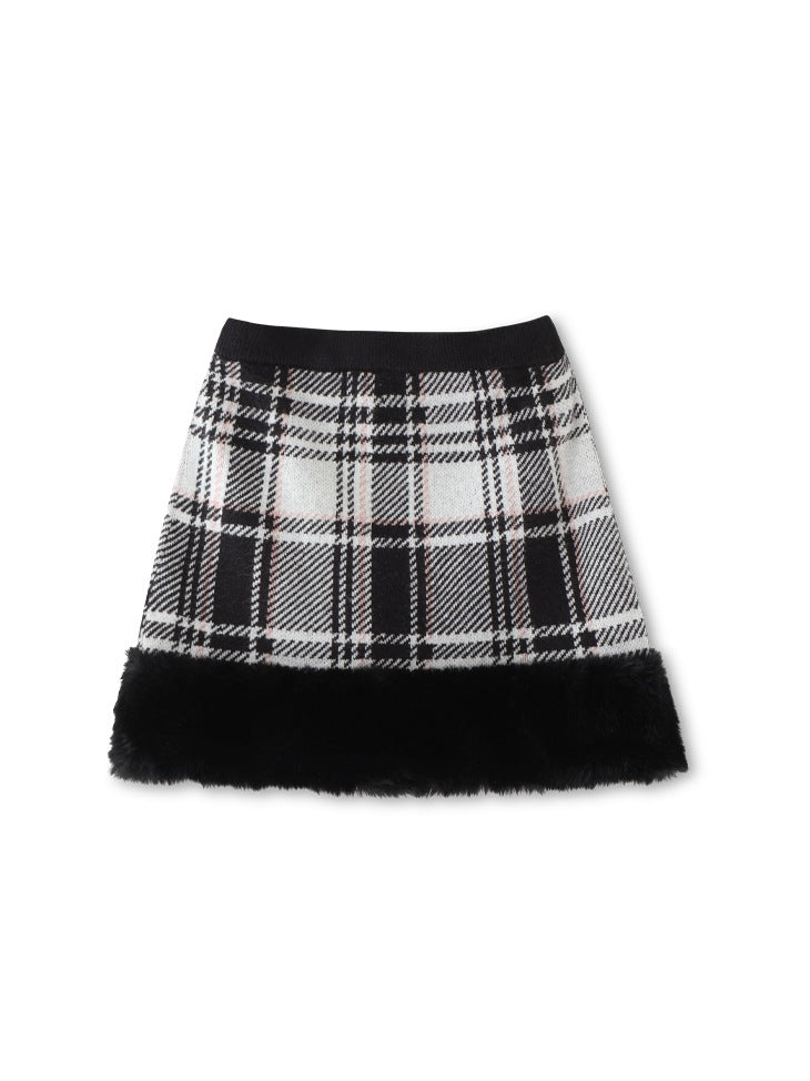 【SALE】Check knit fake fur skirt(eme10365)